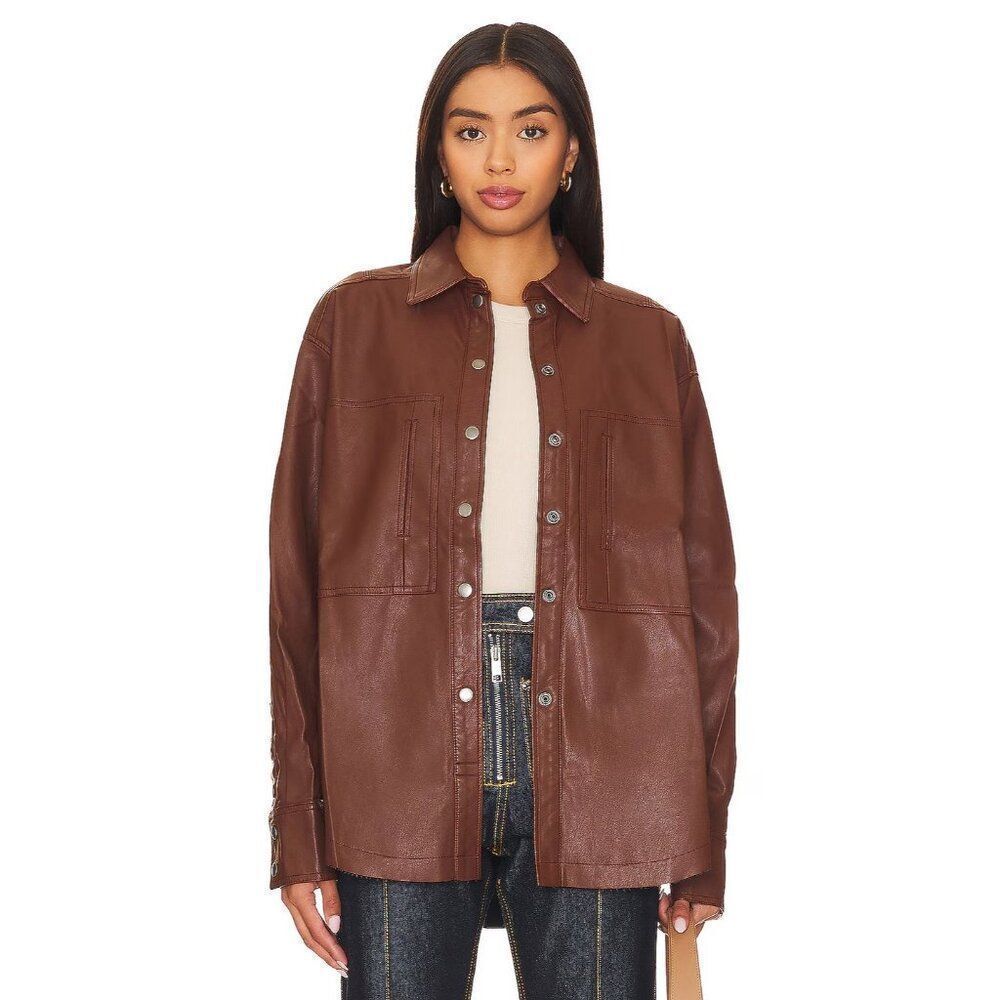 Free People Easy Rider Faux Leather Shirt Jacket Womens Small Brown Desert Topaz